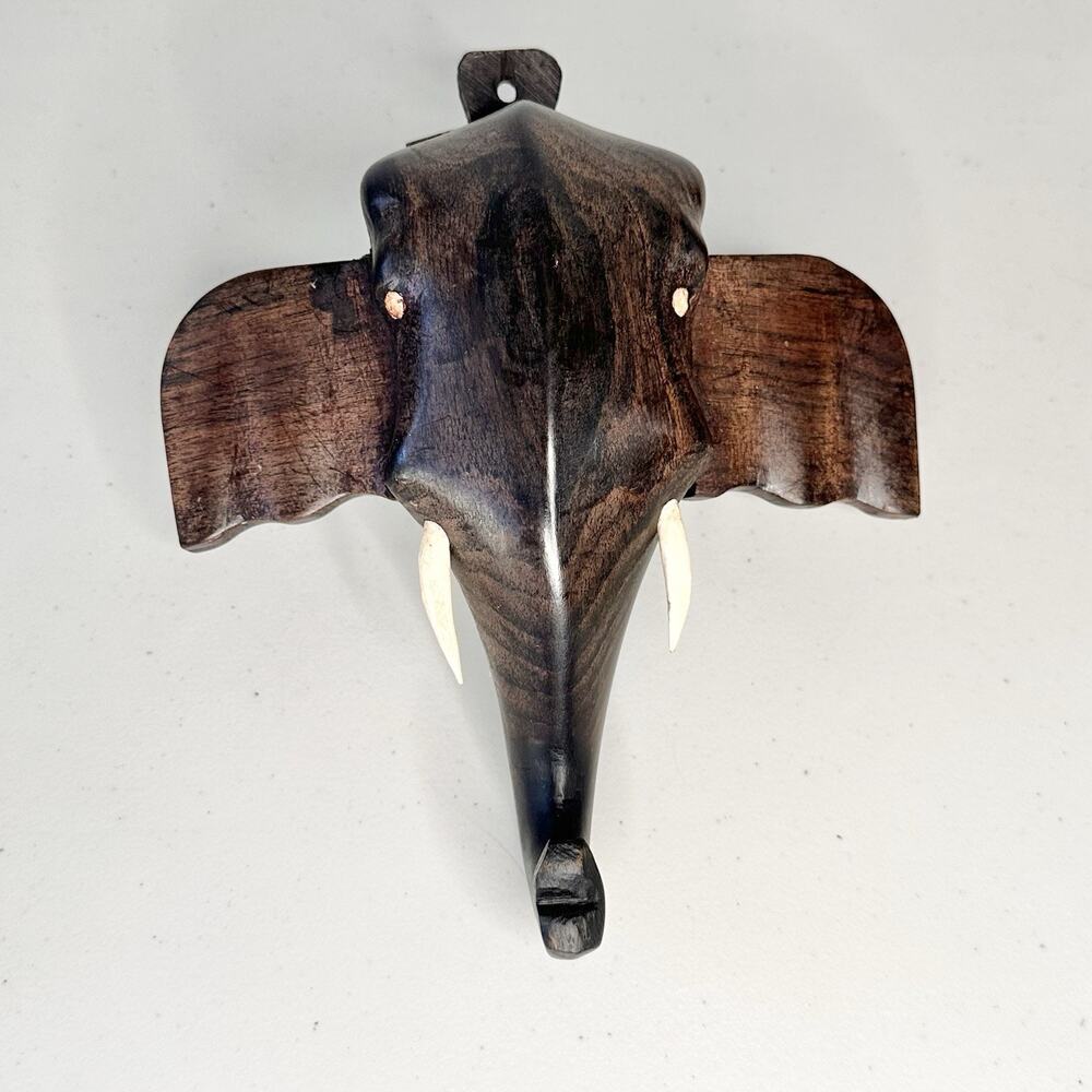 8" Wooden Hand Carved Brown Elephant Head Wall Statue Sculpture Hanging Decor